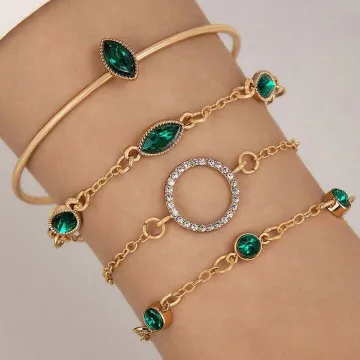 Vintage Geometric Green Stone Multilayer Bracelet Set